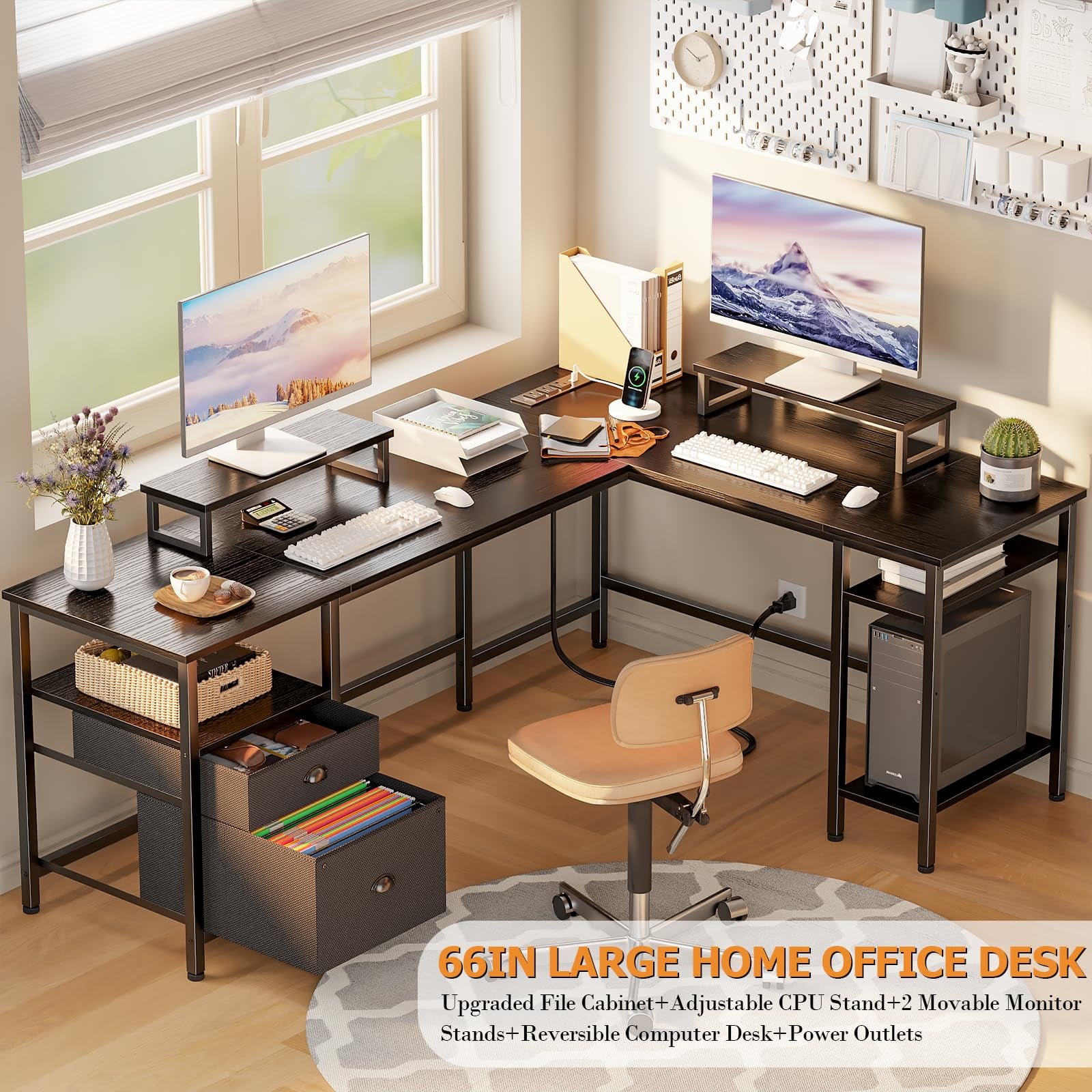 Furologee 66” L Shaped Desk with Power Outlet, Reversible Computer Gaming Desk with File Drawer & 2 Monitor Stands for Home Office with Storage Shelves, Black