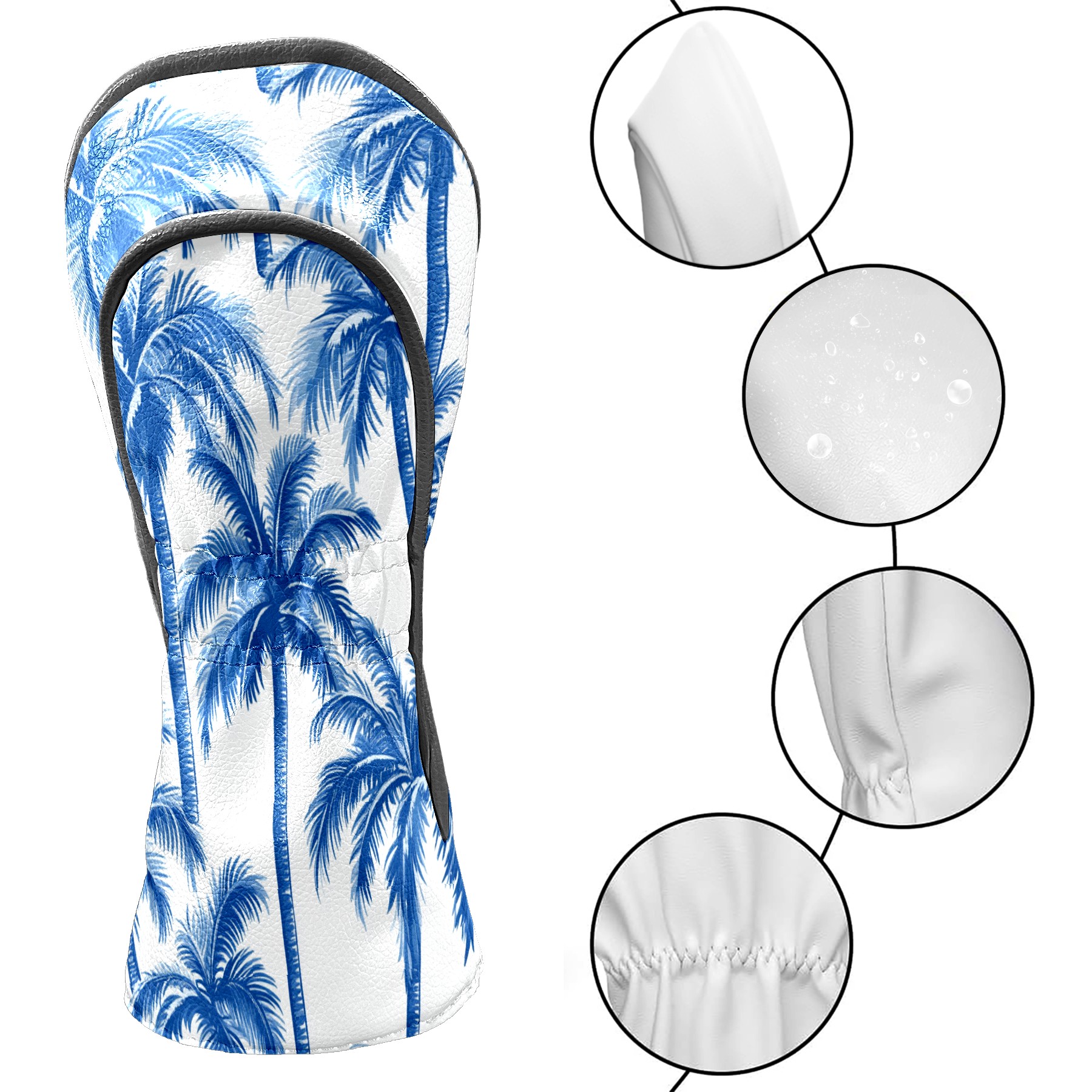 Golf Club Covers PU Leather Waterproof Head Covers for Fairway Woods Hybrids Blue Palm Tree