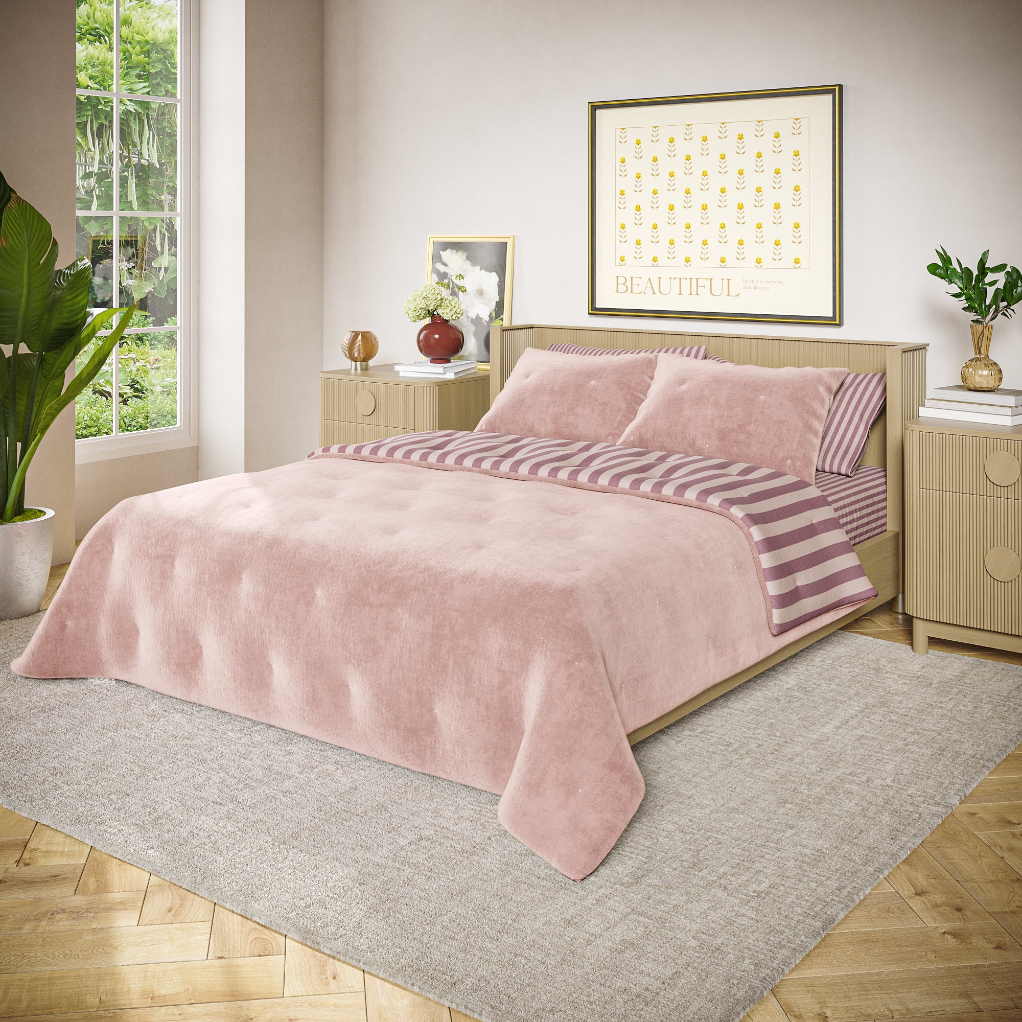 Beautiful Bedding Collection By Drew Barrymore Cotton, Polyester Velvet Quilts, Full/Queen - Reversible
