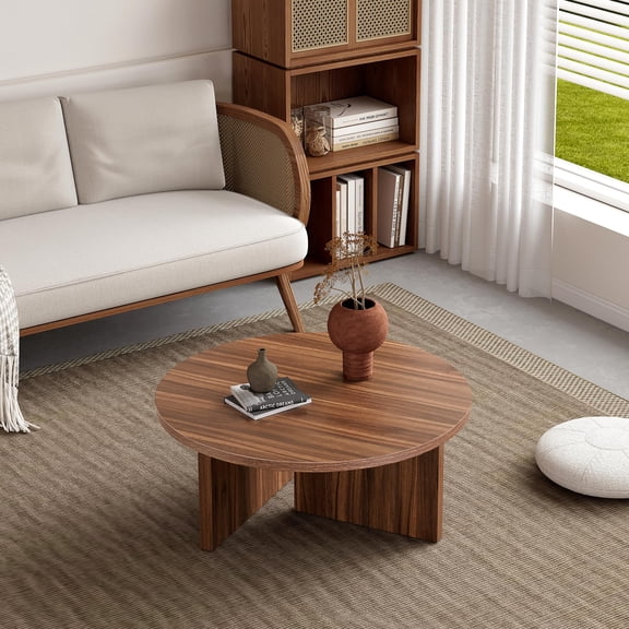 Walnut Round 2 Solid Wood Coffee Table, Modern Circular Center Table