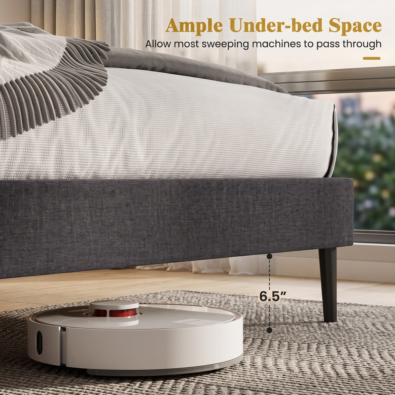 Furnibear Queen Bed Frame, Upholstered Platform Bed Frame with Adjustable Channel Headboard, Queen Bed Frame with Headboard, Modern Gray