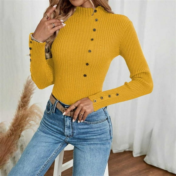 Pxiakgy Hot Sale!! Women's Long Sleeve Turtleneck Tops Ribbed Button Downthermal Underwear Shirt Slim Fit Fall Pullover Sweater Women's Warm Low Neck Button Down Sweater with S Yellow L