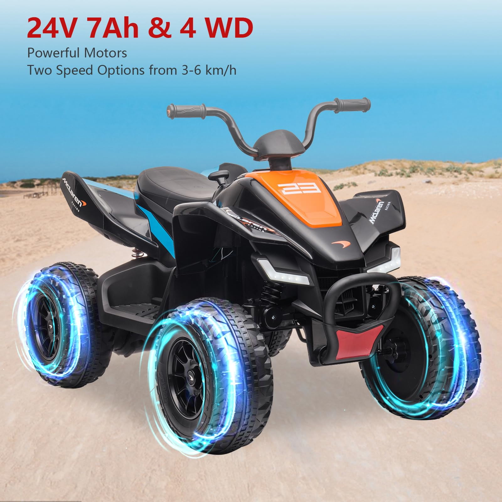 24V Battery Powered, 4-Wheeler Quad Car Toy ATV for 3-8yrs, Electric Off-Road Car with 2 Speeds, LED Lights, Bluetooth, MP3