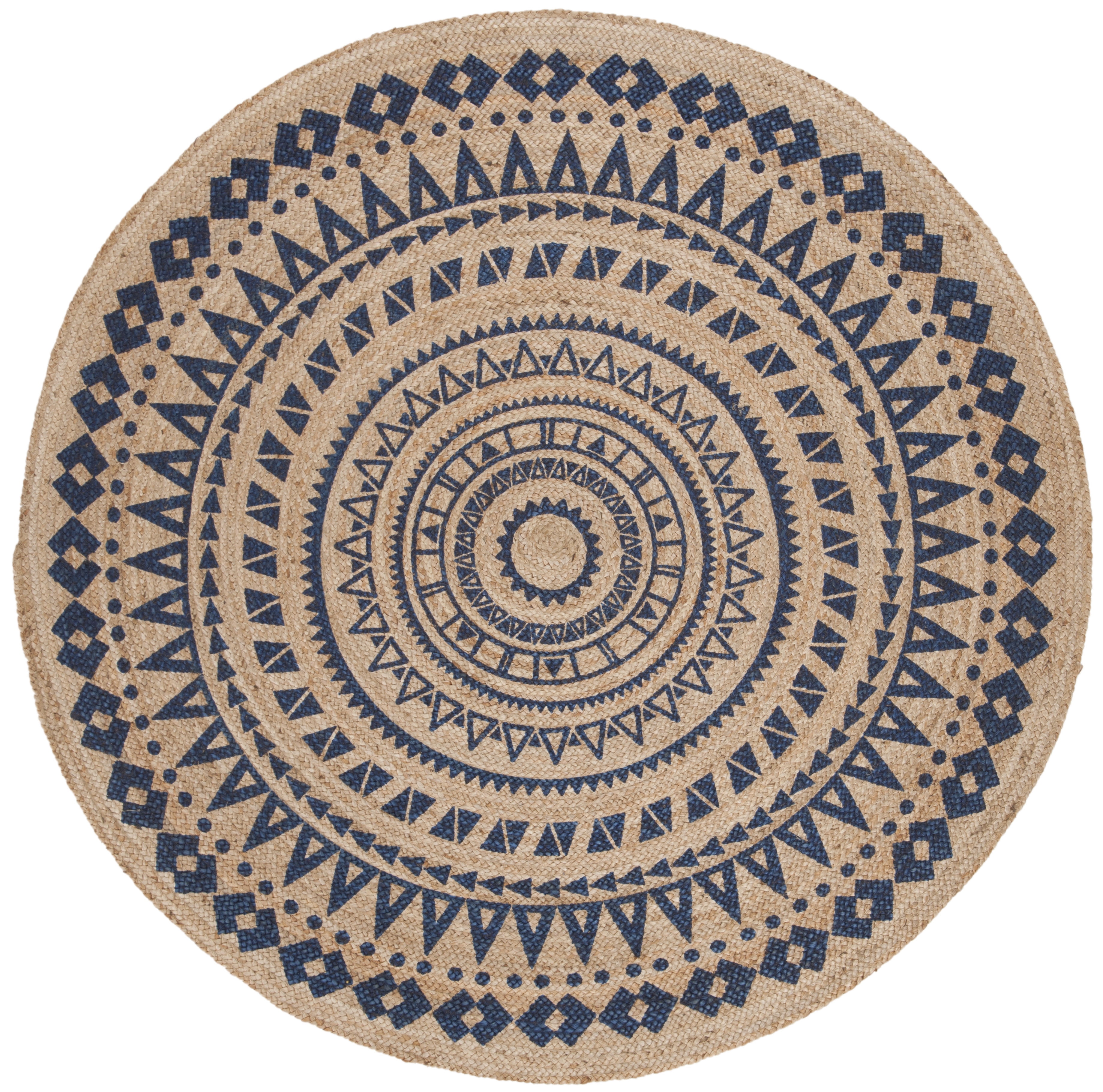 SAFAVIEH Natural Fiber Zoolander Geometric Jute Area Rug, Royal Blue/Natural, 6' Round