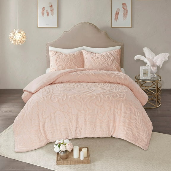 3-Piece Tufted Cotton Chenille Medallion Comforter Set Blush King/Cal King