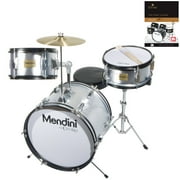 Mendini by Cecilio 16" 3-Piece Kids / Junior Drum Set with Adjustable Throne, Cymbal, Pedal, Drumsticks & Lesson Book, Metallic Silver, MJDS-3-SR