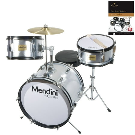 Mendini by Cecilio 16" 3-Piece Kids / Junior Drum Set with Adjustable Throne, Cymbal, Pedal, Drumsticks & Lesson Book, Metallic Silver, MJDS-3-SR