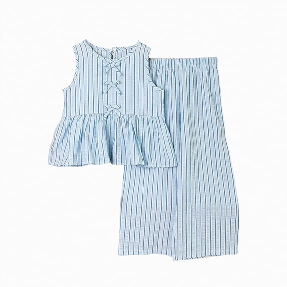 kpoplk Toddler Kid Girl Clothes Casual Ruffle Sleeve Floral Printed Top Solid Pants with Belt 3PC Outfit Set Size 4-5 Years,Blue