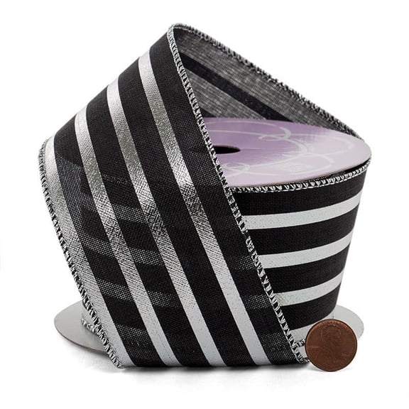 Silver & Black Striped Metallic Wired Ribbon – 2.5" x 10 Yards