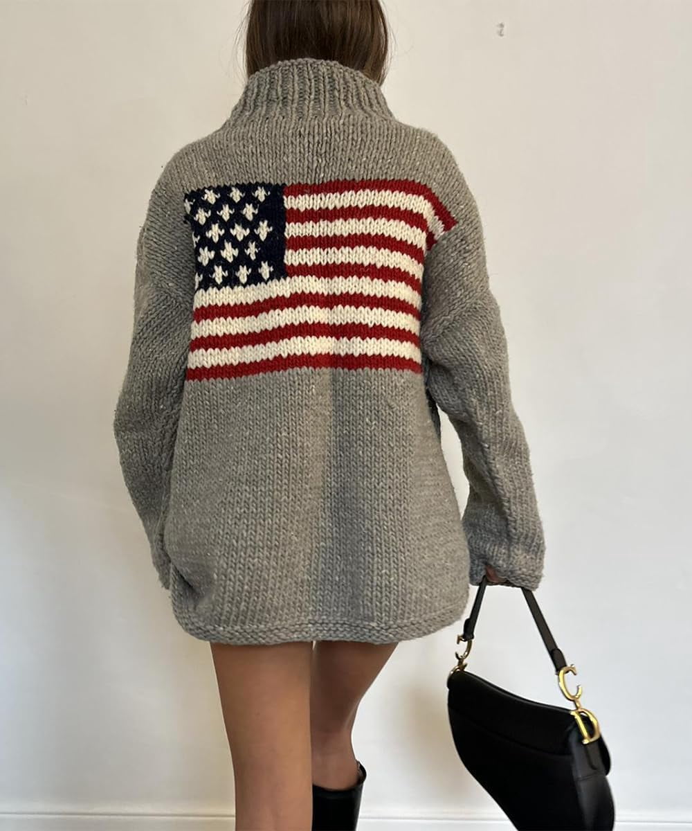 NOBRAND Women's American Flag Oversized Turtleneck Long Sleeve Knit Pullover Sweater
