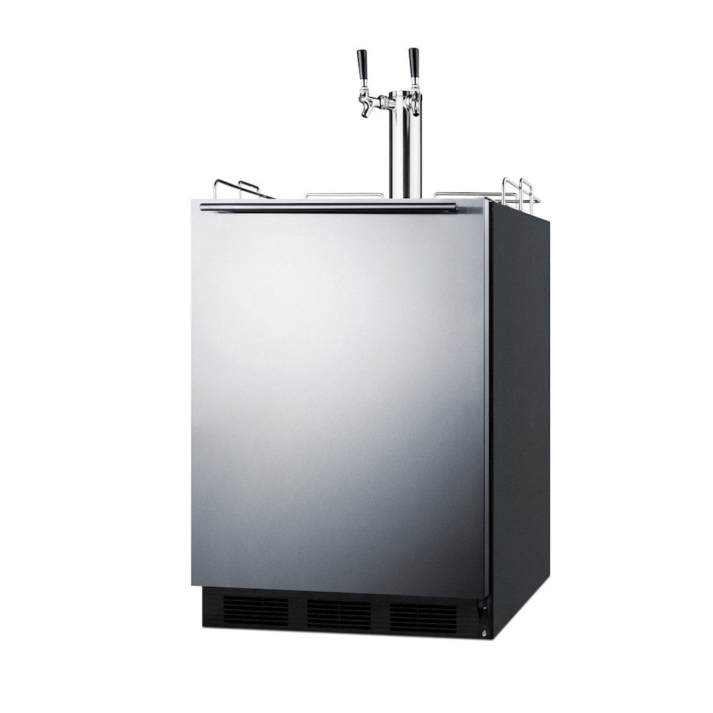 Built-in kegerator for use under ADA compliant counters with dual tap kit for two 1/6 kegs, front lock, and two tap locks