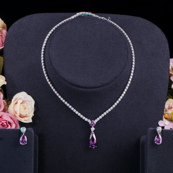 4Ct Pear Cut Simulated Amethyst Women's Wedding Gift Mix Jewelry Set 14K White Gold Plated 18"