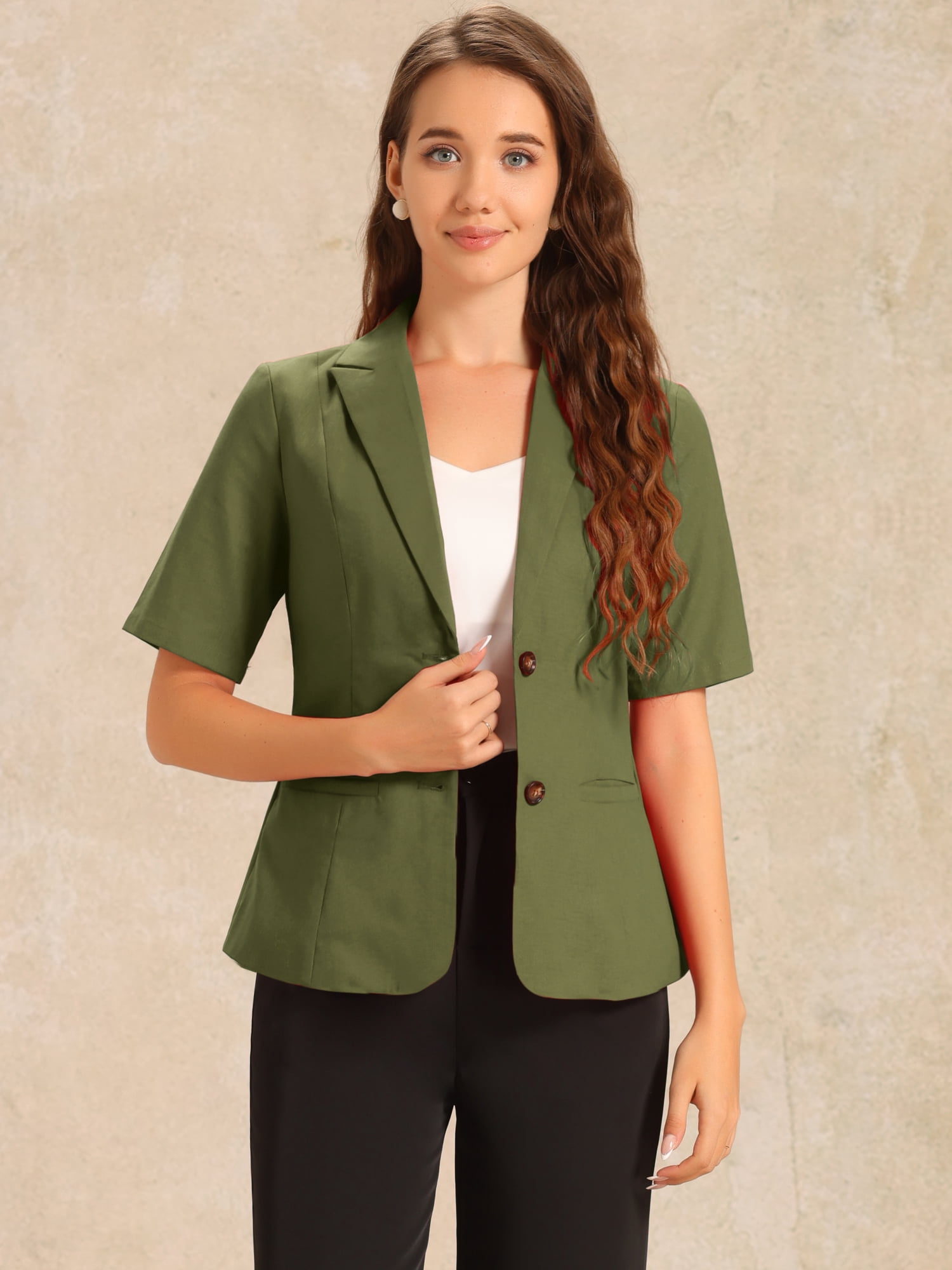 DARING DIVA Women's Linen Short Sleeve Cotton Lapel Collar Blazer M Army Green