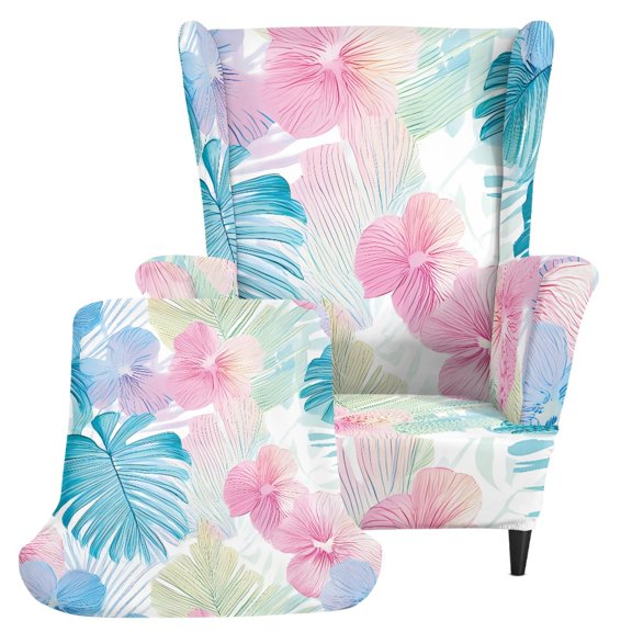 Chririnla Tropical Leaf & Floral Print 2 Piece Wingback Chair Cover, Stretch Machine Washable Wingback Chair Slipcover Spandex Wing Chair Slipcovers for Living Room Bedroom
