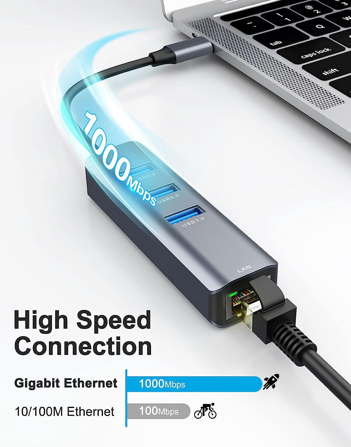 USB C to Ethernet Adapter, 4-in-1 RJ45 to USB-C/Thunderbolt 3 to Gigabit Ethernet LAN Network Adapter for MacBook Pro/Air 2023/2024, iPad Pro, iPhone 15/16 Pro/Max, Chromebook, XPS,Surface Book