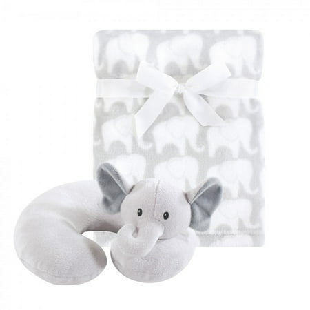 Hudson Baby Infant Neck Pillow and Plush Blanket Set, Gray Elephant, One Size