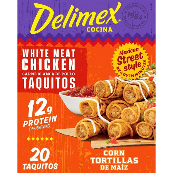 Delimex White Meat Chicken Corn Taquitos Frozen Snacks & Appetizers, 20 Ct Box Full Size, 20 oz
