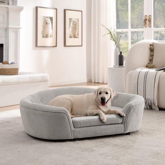 Oversized Dog Sofa Bed, Oval Semi-Enclosed Dog Couch with Button Tufted Backrest, Plush Linen Pet Bed for Large Medium Dogs, Beige