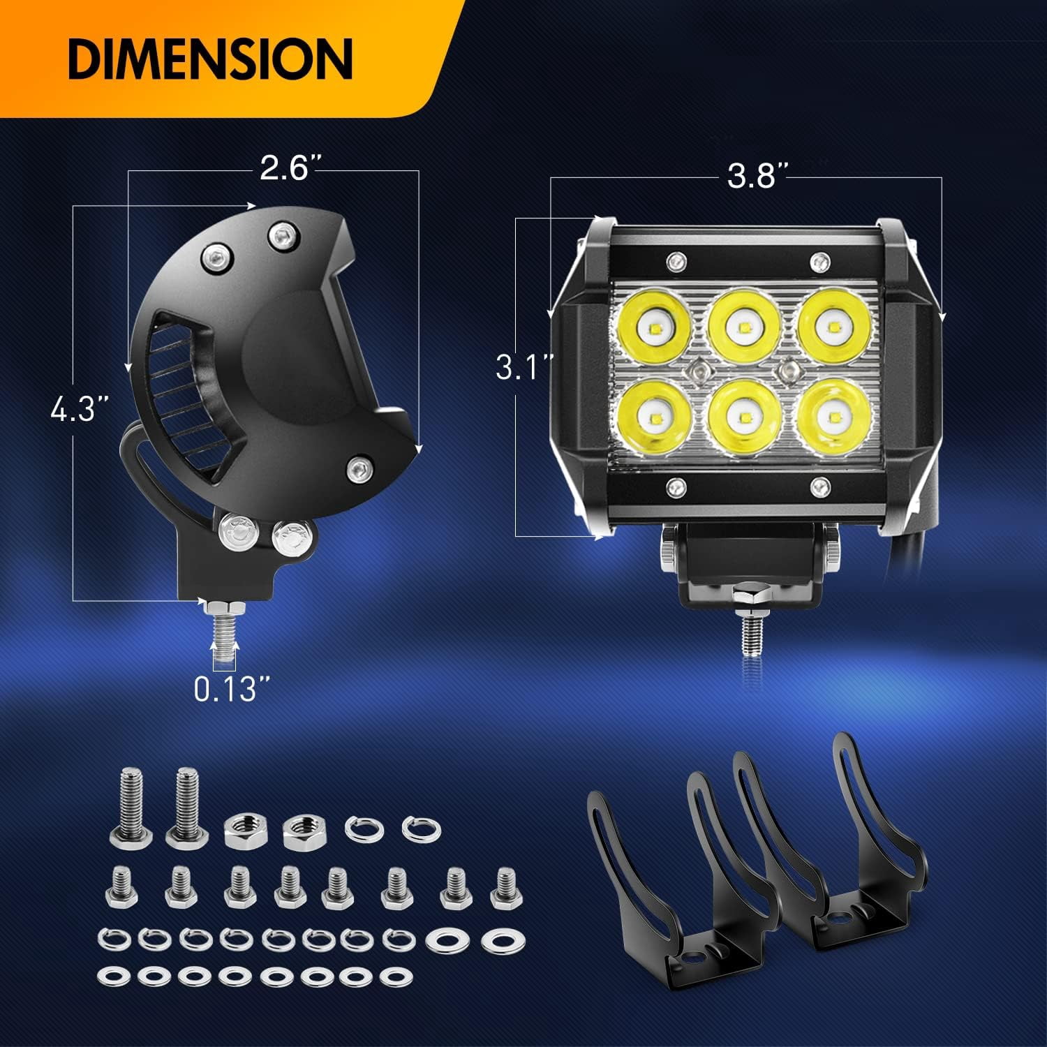 Waywe 2PCS 18W LED Pods Spot Light Bar Fog Light Mounting Bracket Horizontal Bar Tube Clamp with 16AWG Off Road Wiring Harness-2 Leads for Truck Golf Cart SUV ATV UTV Boat, White