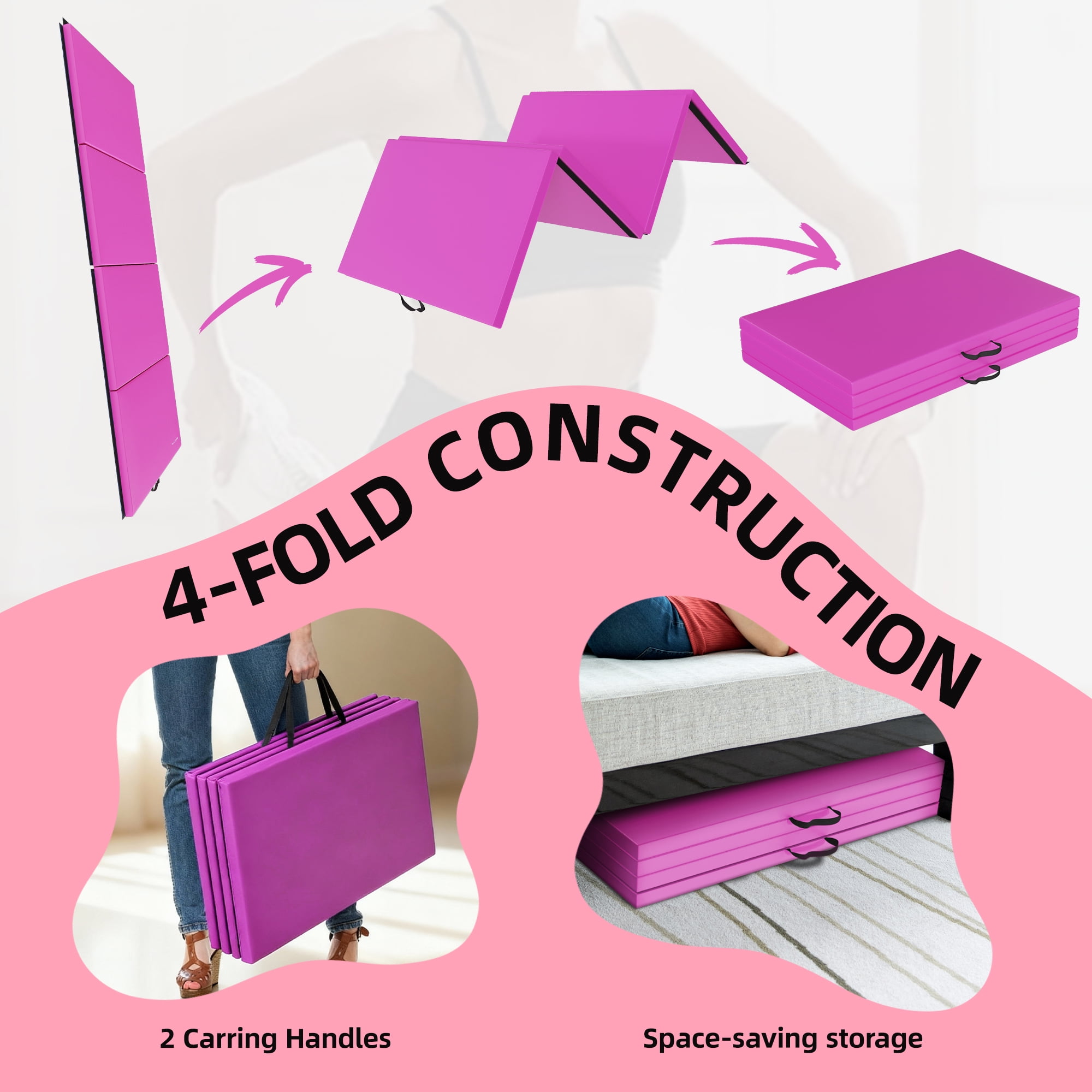 Signature Fitness 4ft x 8ft x 2in Folding Gymnastics Mat, 4-Panel Exercise Mat with Handles, PVC Leather + EPE Foam, Multiple Colors