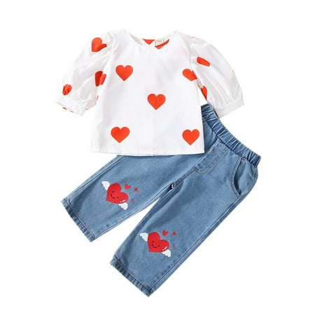 

TAIAOJING Baby Girl Outfit Valentine s Day Kids Child Baby Girls Short Bubble Sleeve Print Tops Cartoon Pants Jeans Set 2PCS Outfits 12-24 Months