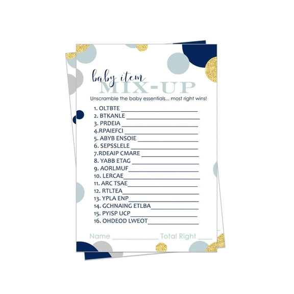 Chic Navy & Gold Baby Shower Word Scramble Game - Twinkle Little Star Theme - 25 Pack