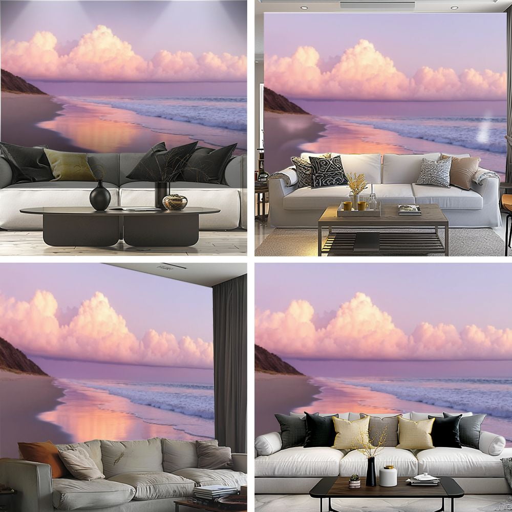 Peel and Stick Wallpaper Beach Pink Clouds Reflective Water Gentle Waves Distant Hills Pink Modern Art Wall Mural Decor Self Adhesive and Removable 69in x 98in