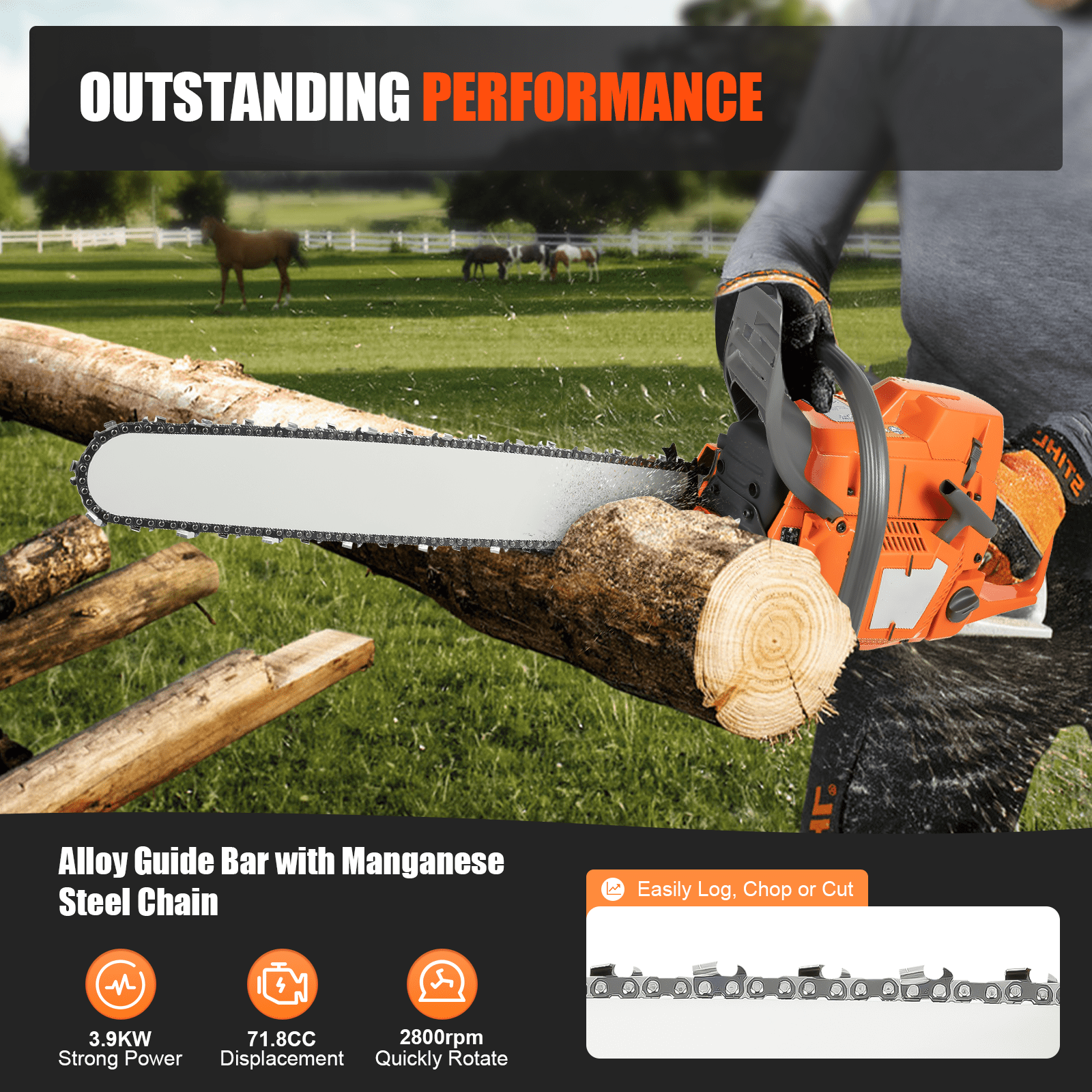 24 Inch Petrol Chainsaw, 72cc Gas Chainsaw with Alloy Guide Bar, Professional Gasoline Chain Saw for Cutting Wood, Logs, Branches