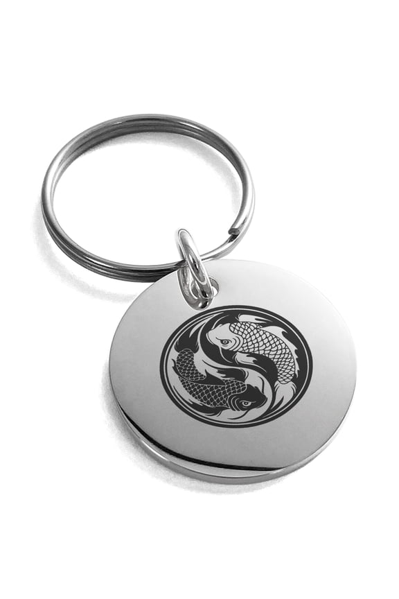 Stainless Steel Koi Fish Yin Yang Engraved Small Medallion Circle Charm Keychain Keyring
