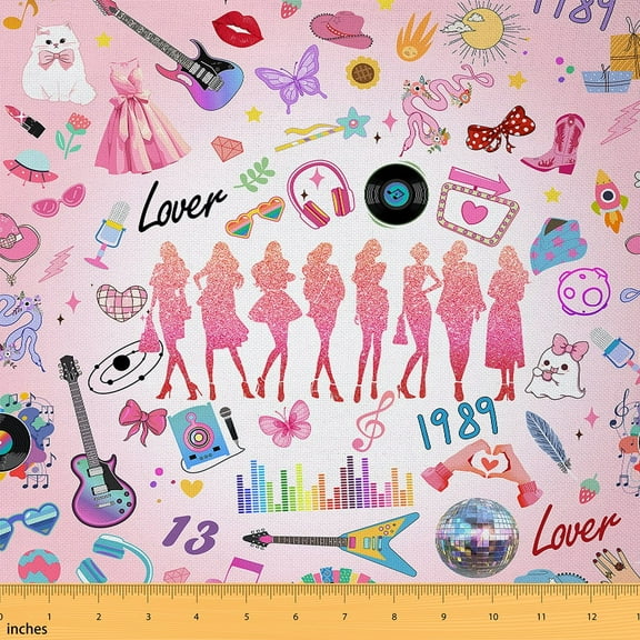 Manfei Pop Music Theme Fabric by the Yard (1 Yard), Pink Girls Guitar Decorative Fabric by the Yard, Disco Ball Musical Notes DIY Fabric