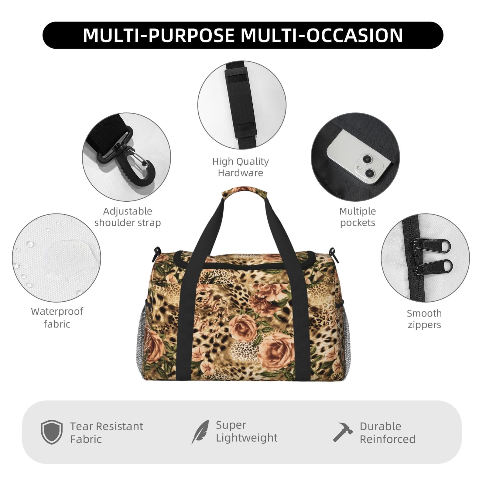 Fuzoiu Animal Leopard Print Travel Duffle Bag,Carry On Tote Bags,Duffel Bag,Sport Gym Bag, Hospital Bag for Labor and Delivery, Overnight Bag,Luggage Bag