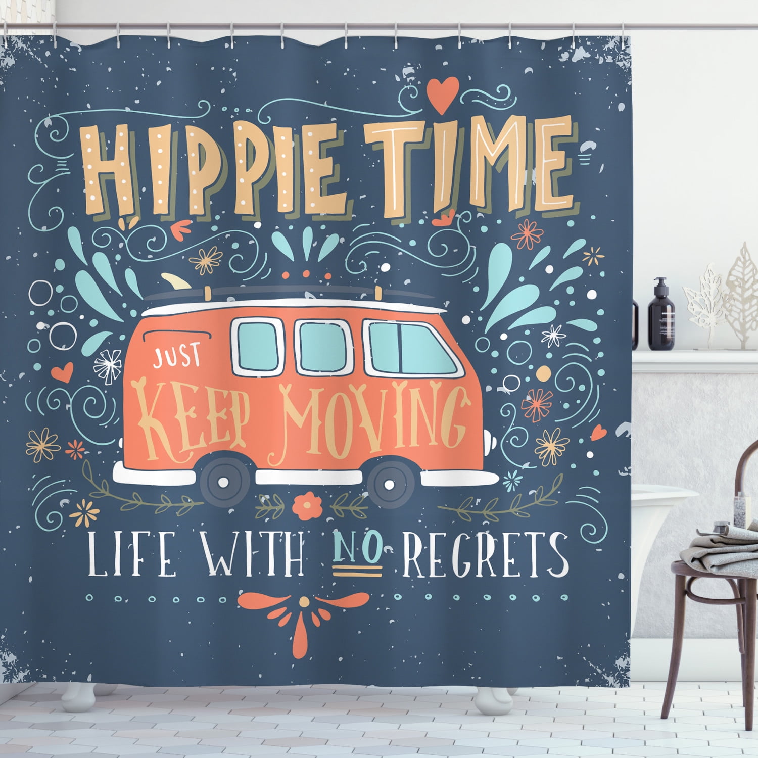 Hippie Shower Curtain, Hippie Motivational Inspiring Quote with Flowers Dots and Drop like