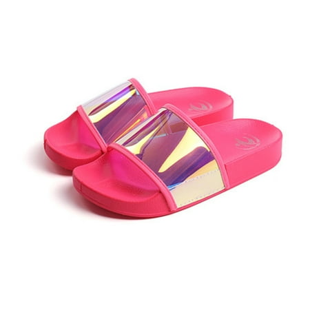 

High Fashion Neon PVC Shiny Women Shoes Rainbow Slippers Bling Colorful Spangle Fancy Flip Flops