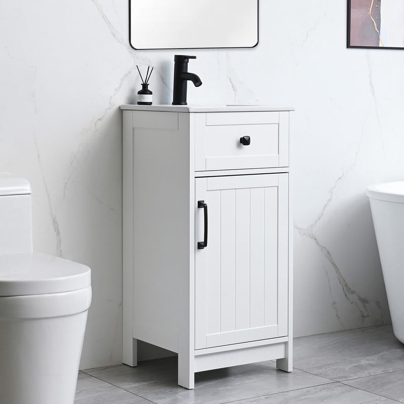 Wonline 16 inch Bathroom Vanity with White Ceramic Sink Combo for Small Space,Modern Bathroom Storage Vanity with Soft-Close Doors Adjustable Shelf(White)