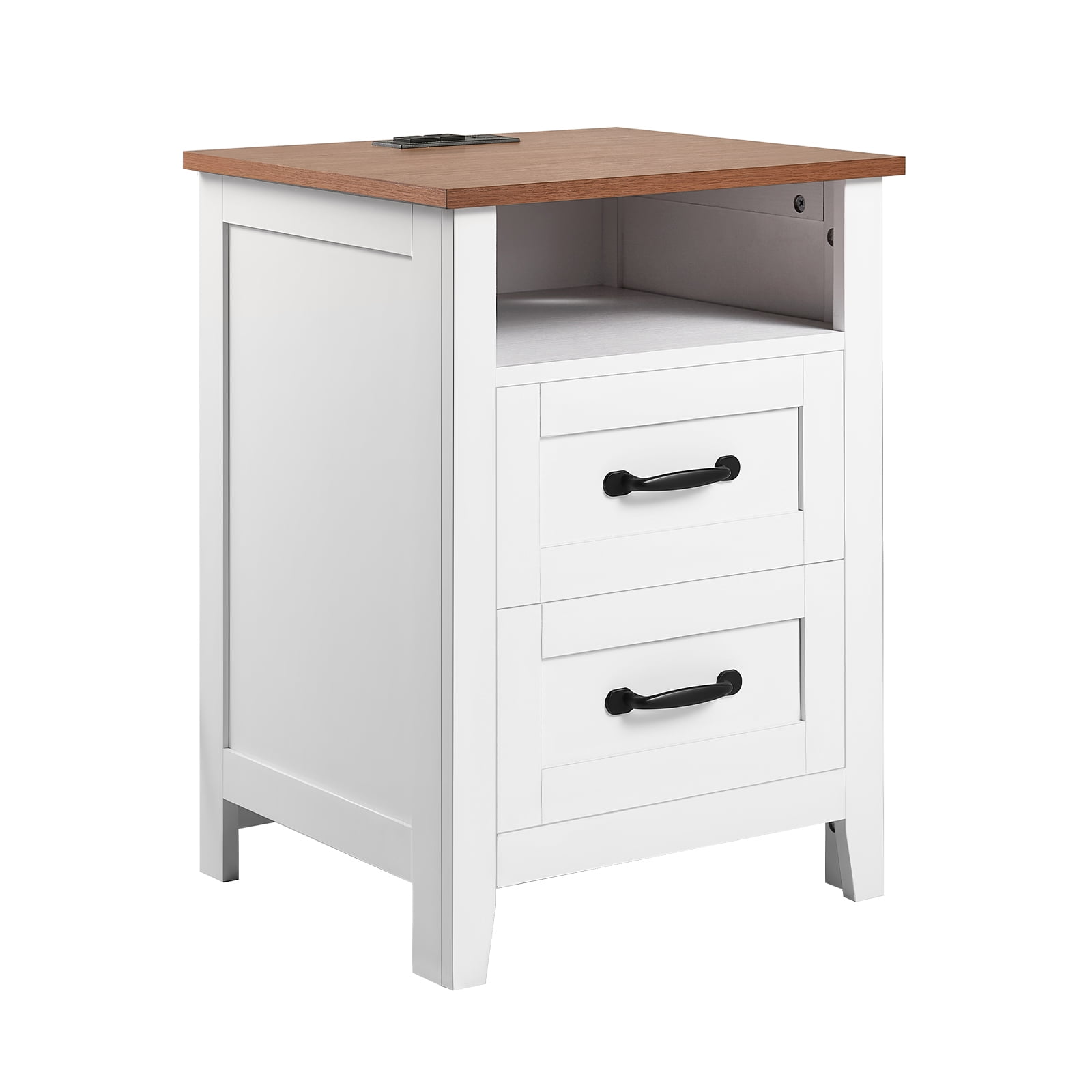 KFFKFF Farmhouse Nightstands, with Charging Station, Set of 2, End Tables with 2 Drawers and Open Shelf, Bedside Storage Cabinets, Rustic Side Tables with USB Port, White