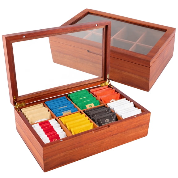 TARNIQOZ Acacia Tea Box Organizer Storage Box, Wooden Tea Bag Holder with 8 Removable Compartments, Clear Window and Magnetic Lid,Tea Containers for Tea Bags Countertop Kitchen Cabinet Pantry