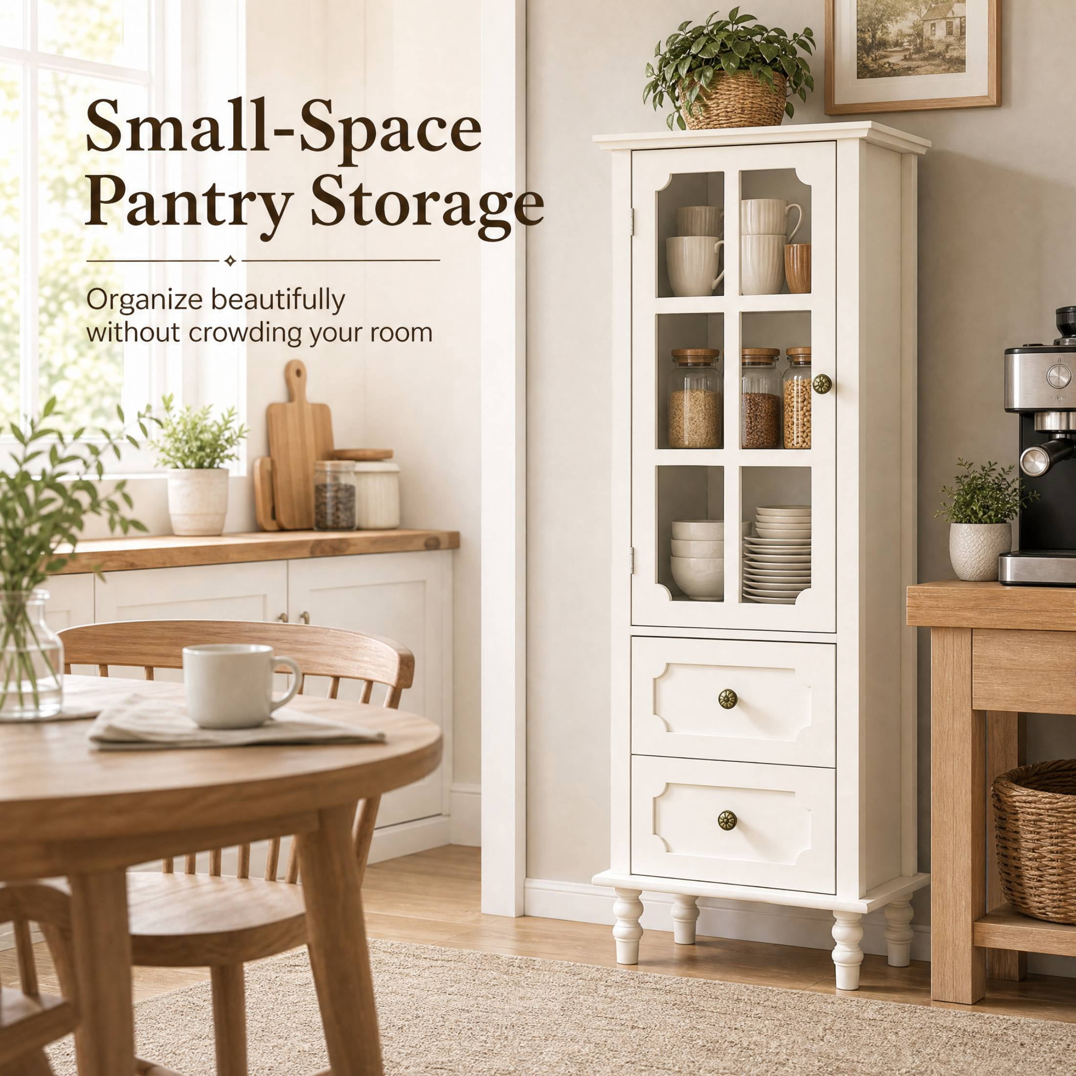 SESSLIFE Small Pantry Cabinet with Glass Door and 2 Drawers, Freestanding Storage Cabinet with Adjustable Shelves for Kitchen, Dining Room, Coffee Bar and Small Spaces, White