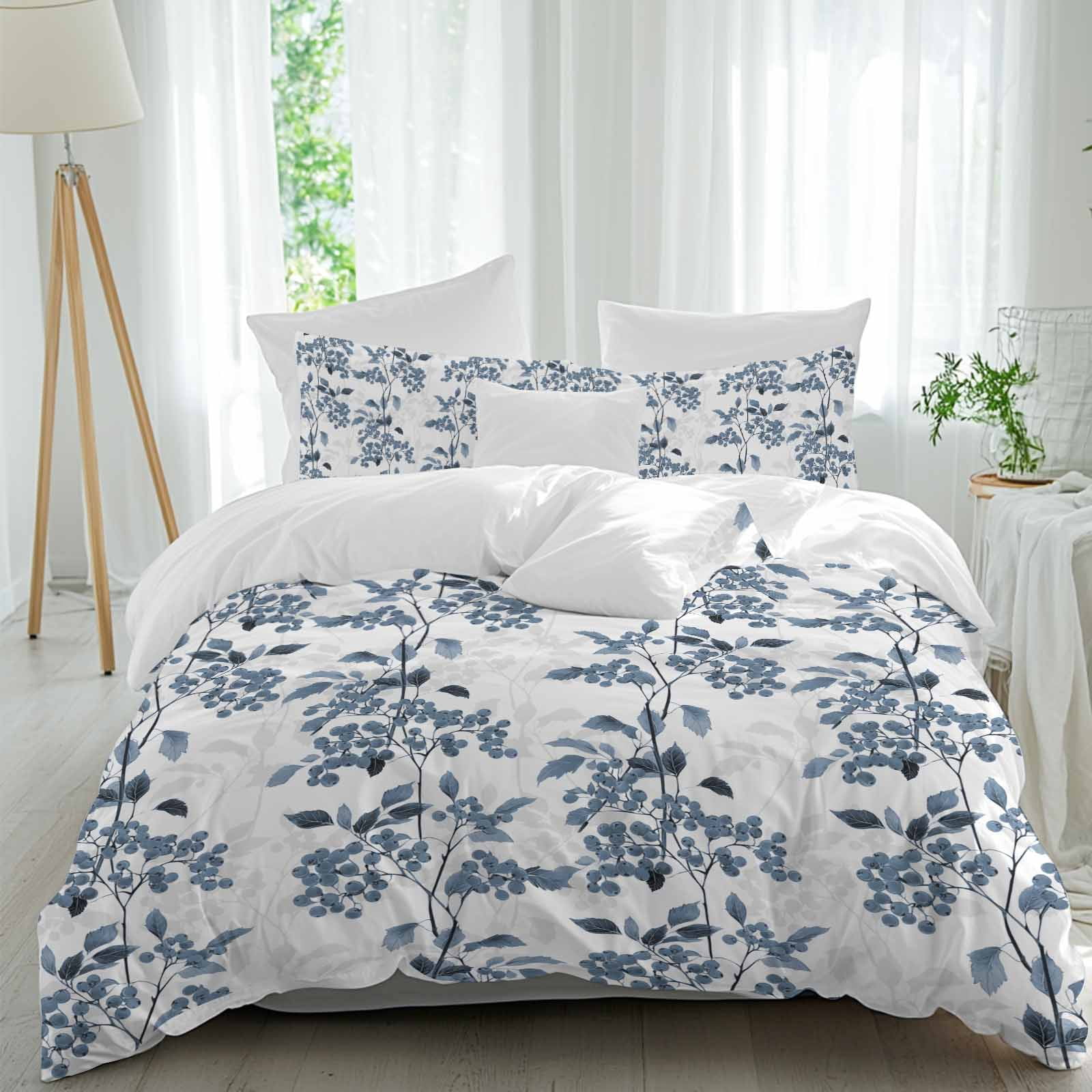 Blue Fruit Bedding 3 Piece Duvet Cover Set California King, Vintage Plant Nature Botanical Flower Floral Soft Microfiber Comforter Cover with Zipper Closure & Pillowcases, FadeResistant Quilt Cover