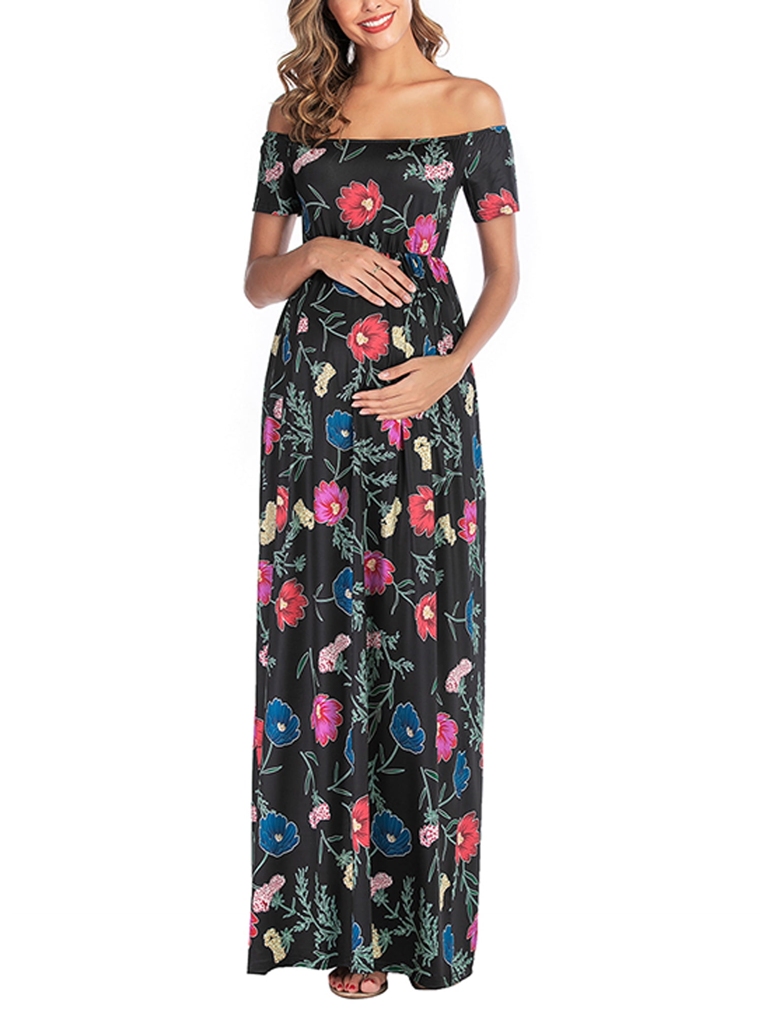 Womens Maternity Ruffle Off-Shoulder Floral Print Dress Pregnancy Casual Clothes 