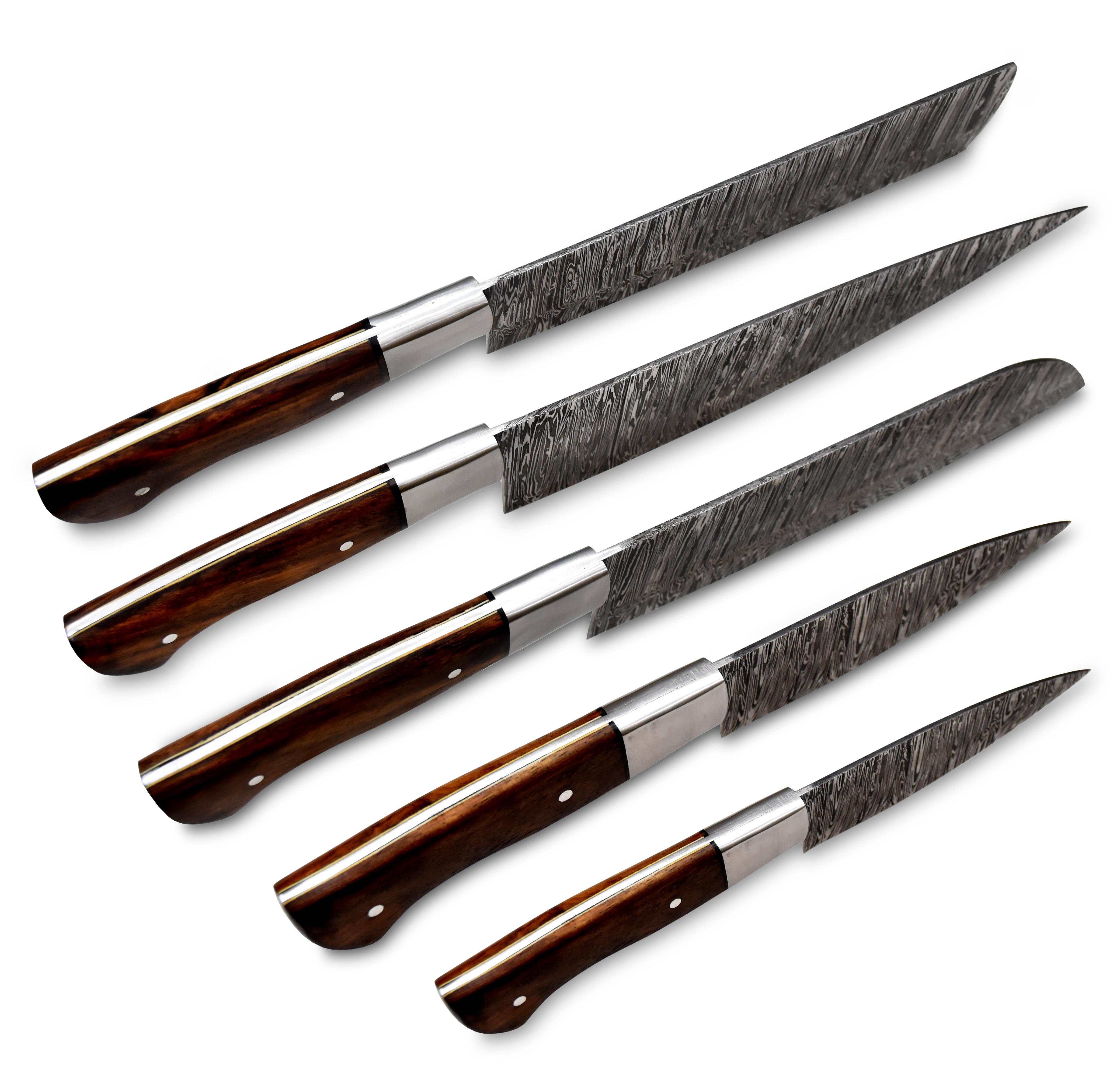 Hercules Knives damascus steel 5 Pieces chef knives set Handmade collectibles kitchen knives set walnut handle with special leather carry case