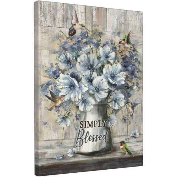 Flower Bathroom Wall Art Farmhouse Flower Pictures Wall Decor Rustic Blue Floral Hummingbird Canvas Painting Prints Modern Artwork Home Decoration for Bathroom Bedroom Living Room 16"x12"