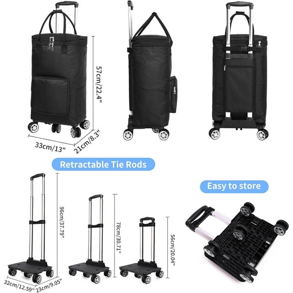 2 in 1 Shopping Cart with Wheels - Foldable Trolley with Insulation Bag for Groceries, Moving &  Projects