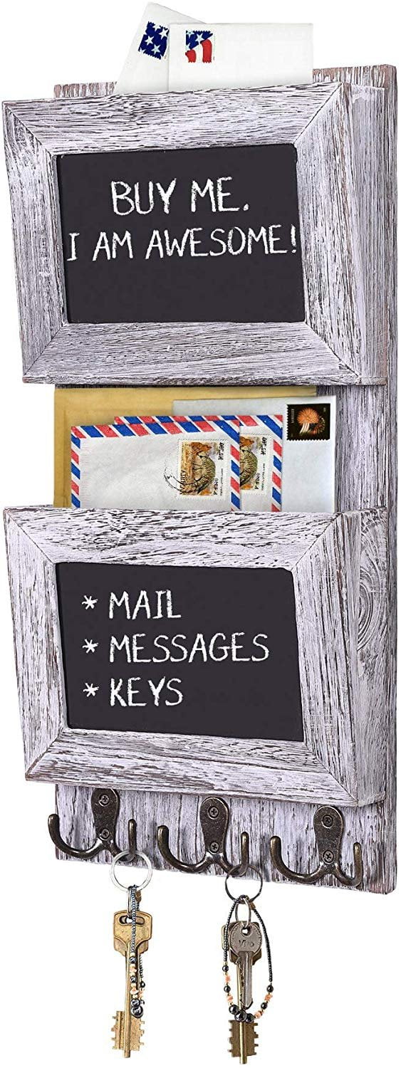 2-Slot Rustic Wall-Mounted Wood Mail Holder w/ 6 Key Hooks and Chalkboard Labels 