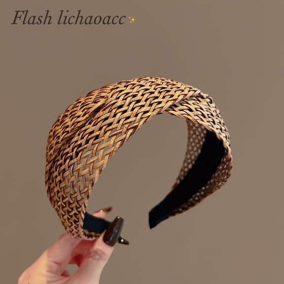 New pressure reducing lightweight and snug fitting PP grass woven butterfly knot coffee colored headband exported to South Korea