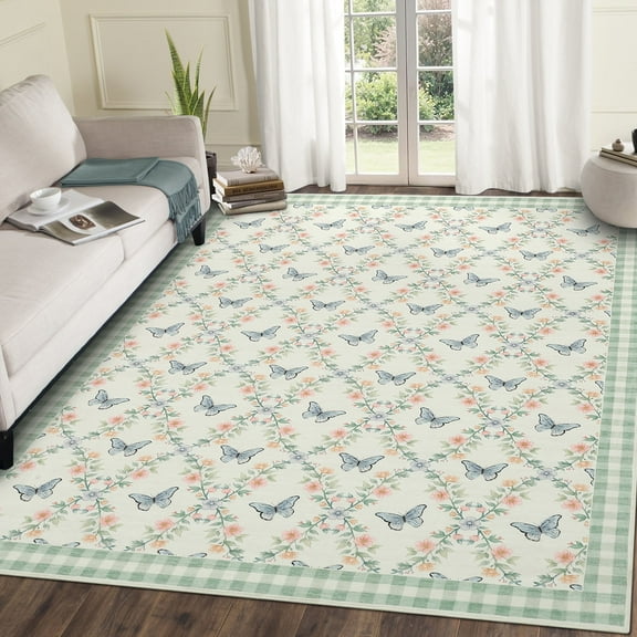 Garvee 5'x7' Floral Printed Area Rug Living Room Rugs, Washable Geometric Border Rug Non Slip Rug Butterflies Print Indoor Carpet for Bedroom, Farmhouse, Dining Room, Green
