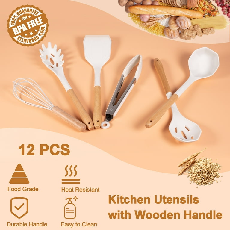 12pcs, Silicone Utensil Set, Khaki Kitchen Utensil Set With Wooden