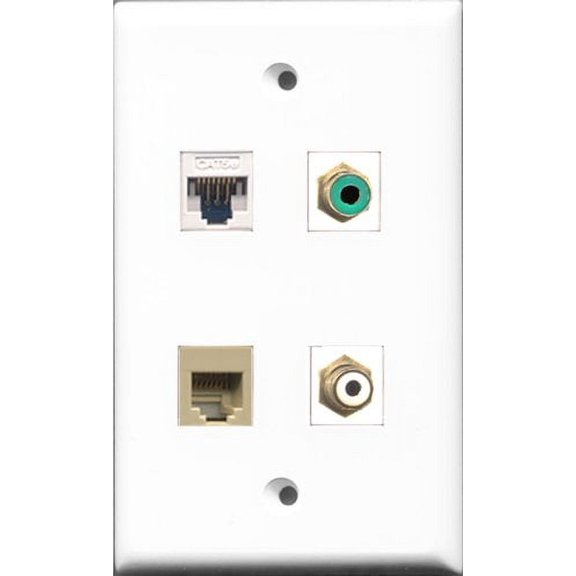 RiteAV 1 Port RCA White and 1 Port RCA Green and 1 Port Phone RJ11 RJ12 Beige and 1 Port Cat5e Ethernet White Wall Plate