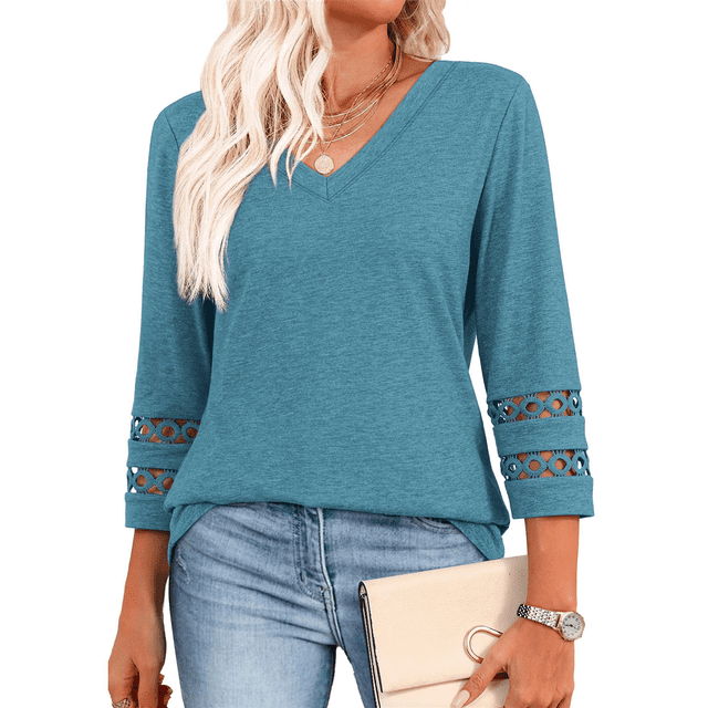 Blusas Elegantes e Informales de 3/4 para Mujer, Camisetas de Cuello en V A , Ropa de Verano 2025. Azul Mar M