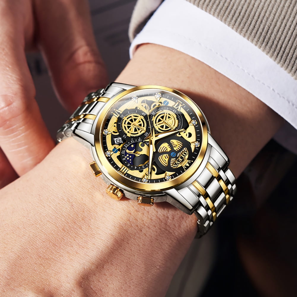 OLEVS Watches for Men Business Dress Luxury Analog Quartz Chronograph Two Tone Gold Plated Stainless Steel Waterproof Luminous Date Casual Mens Wrist Watches Reloj Para Hombre