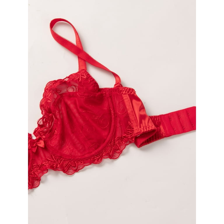 Deyllo Women's Sheer Lace Non Padded Full Cup Underwire Plus Size Bra, Red  36C 